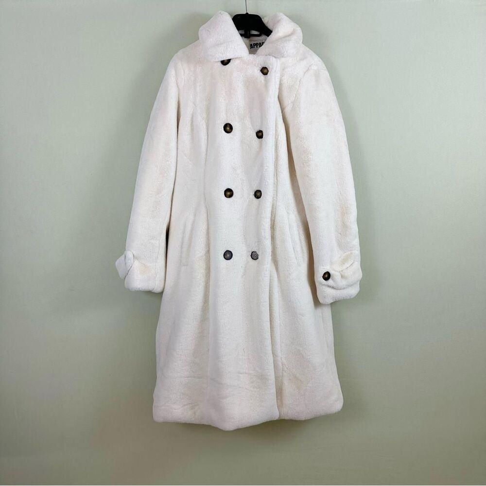 Apparis Faux Fur Ivory White Bimbo Winter Double Breasted Trench Coat Medium